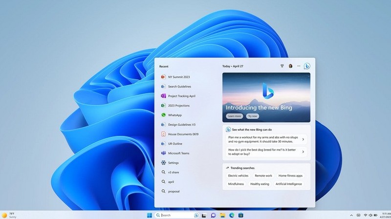 今天分享Windows 11发布更新：任务栏集成了必应聊天。