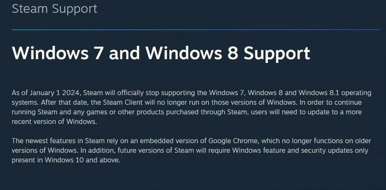 关于Steam官宣 客户端明年起不再支持微软Win7/8/8.1系统。 关于Steam官宣 客户端明年起不再支持微软Win7/8/8.1系统。